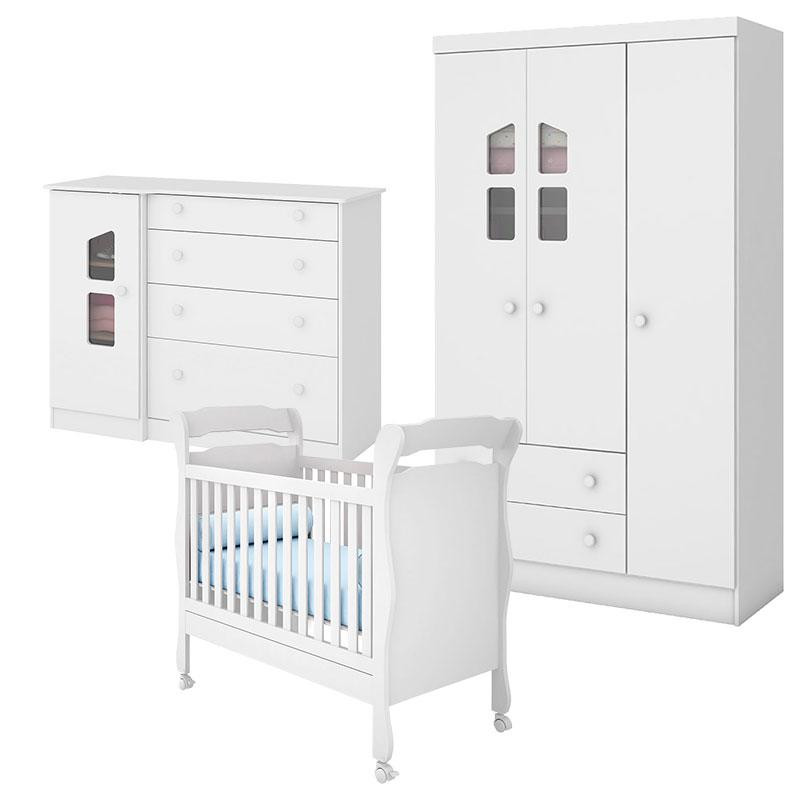 Quarto de Bebê Amore 3 Portas Cômoda com Porta e Berço Americano Colonial  250 Branco Brilho - Qmovi