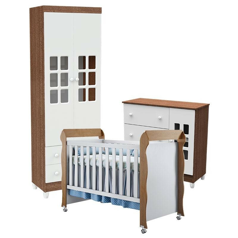 Quarto de Bebê Completo Guarda Roupa 3 Portas, Cômoda e Berço Mirelle  Carolina Baby Branco Brilho