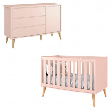 Berço Americano e Cômoda Infantil 1 Porta Theo Rosa com Pés 