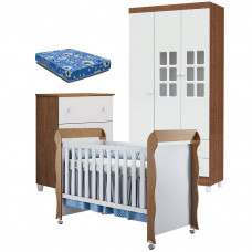Quarto de Bebê Gaveteiro Mariah 3P e Berço Mirelle Branco Acetinado Amadeirado com Colchão - Carolina