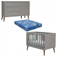 Berço Americano e Cômoda com Porta Infantil Theo Cinza com C