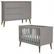Berço Americano e Cômoda com Porta Infantil Theo Cinza com P