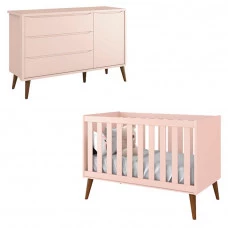 Berço Americano e Cômoda Infantil 1 Porta Theo Rosa com Pés 