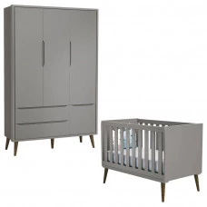 Berço Americano e Guarda Roupa 3 Portas Infantil Theo Cinza