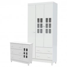 Cômoda-Infantil-e-Guarda-Roupa-3-Portas-Mariah-Branco-Brilho