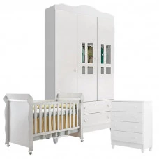Quarto de Bebê 3P com Gaveteiro Ariel e Berço Mirelle Branco