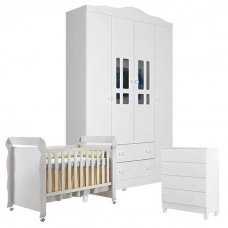 Quarto de Bebê 4P Com Gaveteiro Ariel e Berço Mirelle Branco