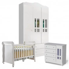 Quarto de Bebê Ariel 3 Portas com Berço Mirelle Branco Brilh